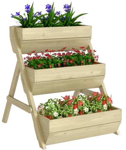 Outsunny Jardinière Surélevée en Bois avec 3 Étages 65 x 75 x 76 cm Vert | Bac à Fleurs, Étagère en Escalier pour Plantes, Trous de Drainage, pour Terrasse Balcon Jardin, Herbes Aromatiques