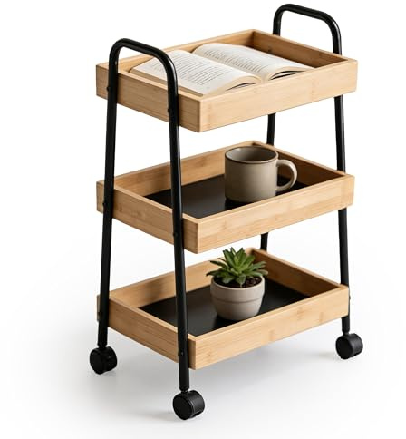 Relaxdays Rollwagen, 3 Ebenen, Bambus & Metall, HBT: 73x45,5x28 cm, Servierwagen Bad, Küche & Wohnzimmer, Natur/schwarz