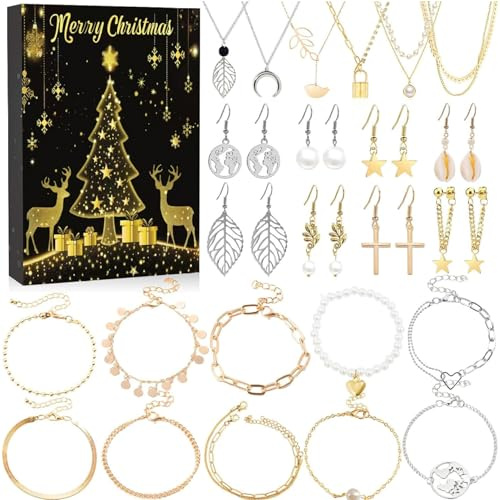 Schmuck-Adventskalender 2024, 24 Tage Gold- und Silberschmuck-Adventskalender, inklusive Ohrringen, Halsketten und mehr, Weihnachts-Countdown, ideal für Kinder Erwachsene