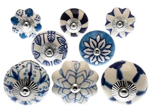 Mango Tree MG-702 Assortiment de 8 boutons de placard en céramique, bleu/blanc