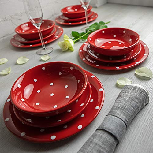 City to Cottage® Set de 12 piezas de Vajilla de Cerámica Pintada a Mano en Rojo y Blanco | Vajilla con Diseño de Lunares para 4 | Plato Grande | Plato Pequeño | Plato Hondo