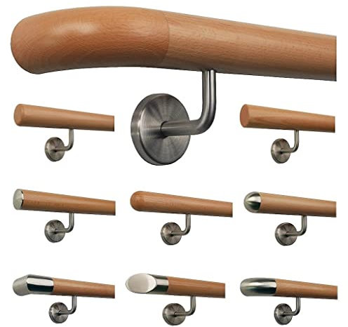 TIBU Buche Geländer Handlauf Treppe Holz Griff gew. Edelstahlhalter, Länge 30 - 500 cm aus einem Stück / Variante:110 cm mit 2 Halter Holzkrümmling