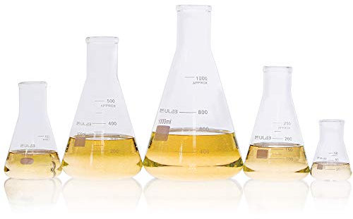 ULAB Scientific Glass Erlenmeyer Flask Set, 5 Sizes 50ml 150ml 250ml 500ml 1000ml, 3.3 Boro with Printed Graduation, UEF1002