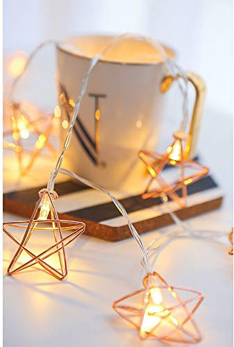 Festive Lights Metal String Lights - Rose Gold - Warm White LEDs - Battery Operated - Unique Five-Pointed Star Lantern Fairy Lights - Wedding Party Christmas Indoor Outdoor Decor (3M 20LED)