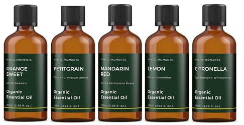 Mystic Moments | Organic Citrus Essential Oil Starter Pack | 5x100ml | Five essential oils: Lemon, Lime, Orange Sweet, Grapefruit Pink and Bergamot for diffusers, burners and DIY blends.