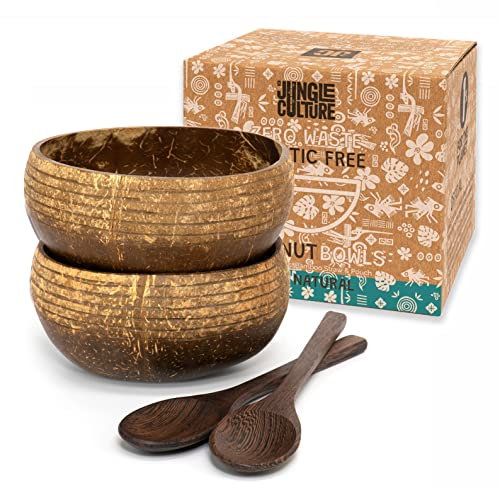 Jungle Culture® Kokosnuss Schalen Set mit Holzlöffeln & Strohhalm • Gemustertes Kokosschalen Schüssel Set • Natürlich Vegan Plastikfreie Alternative • Handgefertigt mit Kokosöl Poliert • Coconut Bowls