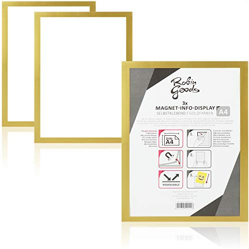 Robin Goods® 3x - DIN A4 Info-Rahmen - Dokument-Halter - selbstklebend mit Magnetverschluss (goldfarben - 3x)