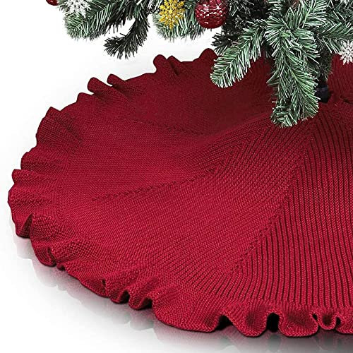 MHGLOVES 122 Cm/48 Zoll Großer Gestrickter Plissee-roter Weihnachtsbaumrock, Untere Abdeckung für Weihnachtsbaumrock, Runde Weihnachtsbaumdecke mit 3 Riemen für Weihnachtsdekoration Weihnachtsfeier