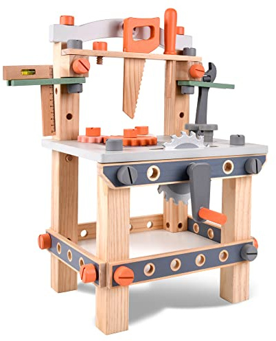 Wooden Tool Bench for Kids Toddlers, Pretend Play Workbench Set Workshop Workbench Construction Toys Gift for 3 4 5 Years Old Girls & Boys