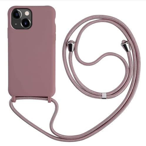 HFYiup Mevis Liquid Silikon Handykette Hülle für iPhone 14,Verstellbarer Halskette Silikon Handyhülle-Lotus Farbe