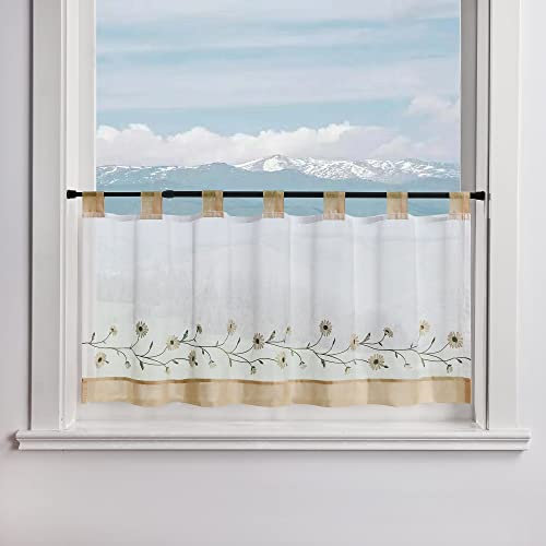 Delien Voile Scheibengardine Transparente Bistrogardinen Landhaus Kurz Vorhang Modern »Daisy« Kurzstores mit Blumenstickerei Küchengardinen mit Schlaufen BxH 90x45cm,Sand