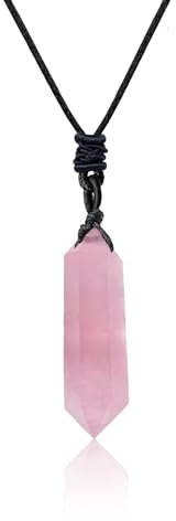 Apengshi Natural Healing Crystal Rose Quartz Double Pointed Pendants Natural Crystal Quartz Necklace 6 Faceted Chakra Crystal Wand Energy Stone Necklace Pendant Meditation Balance Reiki Gifts