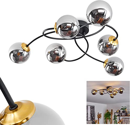 HOFSTEIN Deckenleuchte Chehalis, moderne Deckenlampe aus Metall/Rauchglas in Schwarz/Messing/Chrom, Leuchte mit Kugelschirmen aus Glas, 6-flammig, 6 x G9 max. 28 Watt