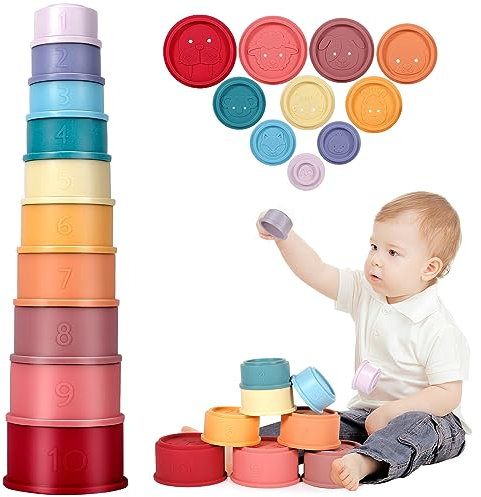 MOYKSRR Montessori Spielzeug, 10 Stück Stapelbecher, Kinder Stapelturm, Sandspielzeug Becher, Motorikspielzeug, Lernspielzeug Geschenk, Stapelbecher Spielzeug für 6 + Monate Jungen & Mädchen