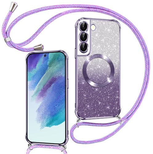 Phoona Handyband Hülle für Samsung Galaxy S21 FE mit Band [kompatibel mit MagSafe], Luxuriöse Glitzer Beschichtung Magnetische Handyhülle für Samsung S21 FE Silikon Stoßfest Schutzhülle, Lila