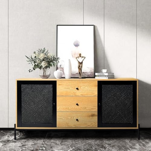 Warmiehomy Wooden Sideboard for Living Room Bedroom Kitchen Hallway 155CM*40CM*76CM Industrial Vintage Large Sideboard with 2 Doors 3 Drawers Storage Cupboard TV Stand Cabinet, Black