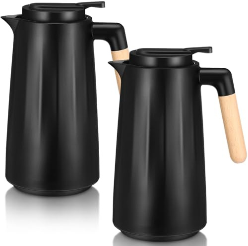 Ziliny 2 Pcs 34 oz Thermal Coffee Carafe Double Wall Vacuum With Glass Liner and Wood Handle - Insulated for Keeping Cold or Hot Drinks, Milk, Tea, Hot Chocolates, Black