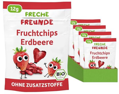FRECHE FREUNDE Bio Fruchtchips Erdbeere, gefriergetrocknete Obst Chips, natürliche Trockenfrüchte in Scheiben ohne Zuckerzusatz, vegan, laktosefrei, glutenfrei, 24er Pack (24 x 12g)