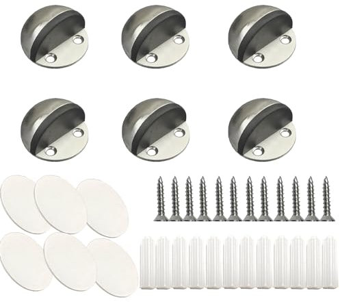 Gendewiner Door Stoppers 6 Pack Stainless Steel Heavy Duty Door Stops Oval Door Wedge Mounted with Screws and Self Adhesive Pads Sound Dampening Rubber Buffer for Floor Patio, Silver