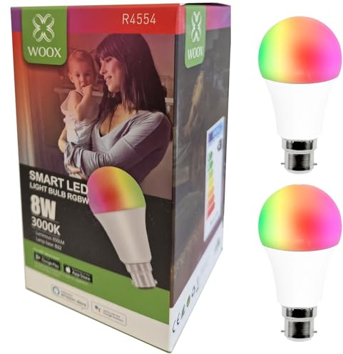 WOOX B22 smarta WiFi LED-ljuskällor med färgväxling, flerfärgade, fungerar med Amazon Alexa, Tuya och Google Home, appstyrda, scener, timer, ingen hubb krävs – B22 2-pack
