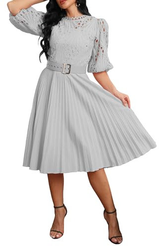 IWFEV Lace Pleated Midi Dress With Puff Sleeve - Mid-Calf Length, Hollow Party Evening Gown, XL, Gray