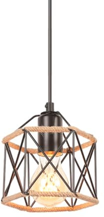 PETITES ECREVISSES Lustre Suspension Industrielle Rétro Luminaire Suspension E27 Vintage Design Diamant Chanvre Corde Métal Plafonnier Abat-Jour pour cuisine salon chambre(Hexagonal-S-1)