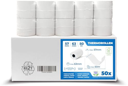 Thermorollen 57mm x 63mm x 12mm - Kassenrollen - Bonrollen für Registrierkasse mit Bondrucker - Thermopapier für Kassensysteme 57X63x12 (50 Rollen)