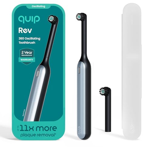Quip Elektrische Zahnbürste Oszillierend Wiederaufladbar 360 Stück mit extra Bürstenkopf Weiche Borsten Drucksensor 3 Intensität Akkulaufzeit 30 Tage Timer 2 Minuten