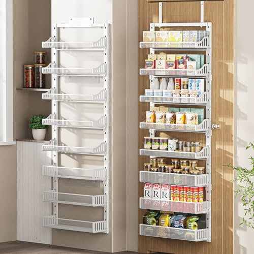 POKIPO Over the Door Pantry Organizer 8-Tier, Large Metal Door Spice Rack with Adjustable Basket, 2 in 1 Wall Mount or Hanging Heavy-Duty Pantry Door Storage Shelf for Kitchen and Bathroom, White