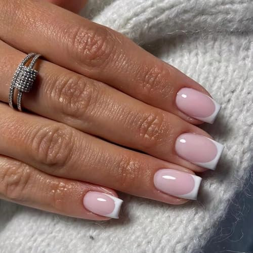 24 PCS French False Nails, Press on Nails, Full Cover False Nails Nude White Square Stick on Nails, French Fake Nails Stick on Nails for Women and Girls Nail Art