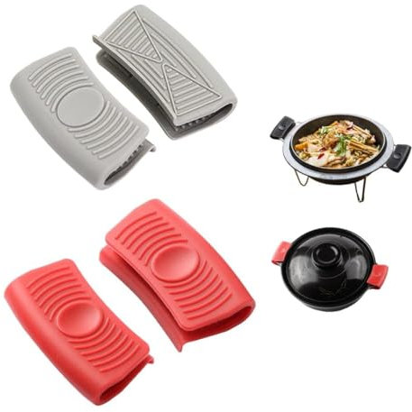 Sirlomu 2 Paires de Poignées en Silicone pour Casseroles, Manchons de Poignée en Silicone, Antidérapants, Résistants à la Chaleur, Protège-Poignée pour Plats au Four (Rouge, Gris)