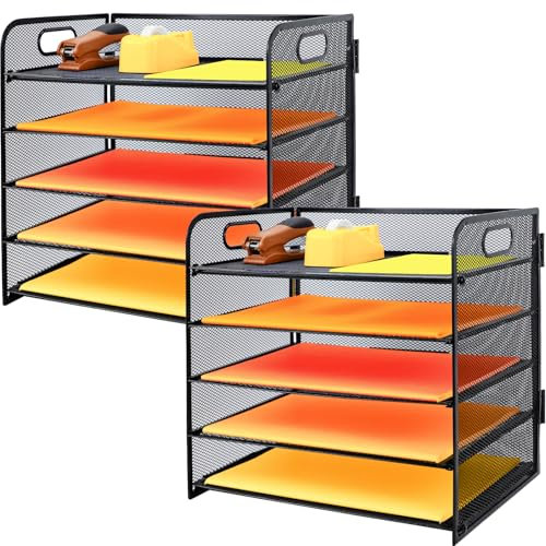 Lot de 2 organiseurs de fichiers de Bureau à 5 Niveaux avec Supports verticaux supplémentaires, bac à courrier avec tiroir, Plateaux de classement de Bureau A4, Porte-Magazines et Documents pour