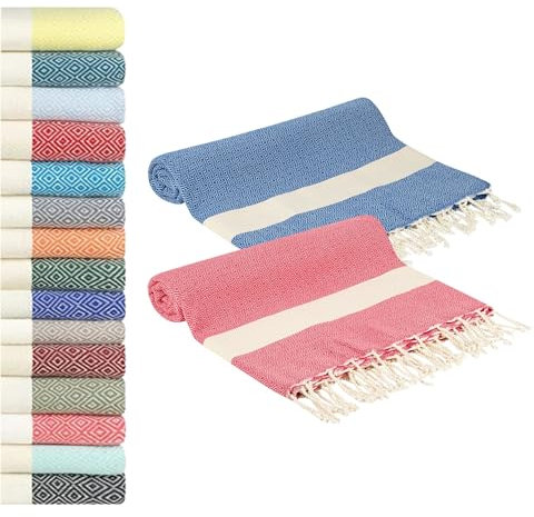 Flora Furora Saunahandtuch Saunatuch Damen + Herren, Hamamtuch groß 100x200 XXL: lang, platzsparend, leicht | Sauna Handtuch, Wellness Spa Tuch (Coral + Dunkelblau, 2er Set | 100 x 200 cm)