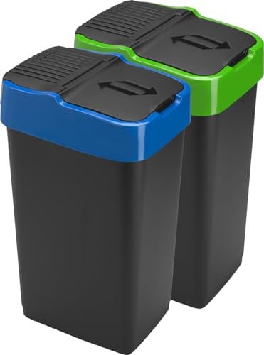 LAVV HOUSEWARES LTD Double Plastic Indoor Recycling Bin with Swing Lid Top Colour Coded (Green & Blue, 2 x 35L)
