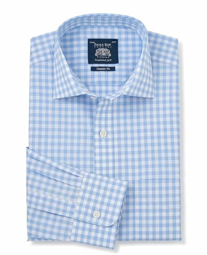 THE SAVILE ROW COMPANY LONDON Men's Classic Fit Cotton Poplin Single Cuff Formal Shirt - Sky Blue Gingham Check - 17.5 Collar - Standard