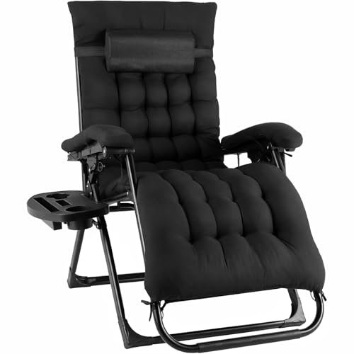 TLGREEN Sonnenliege Liegestuhl, klappbare Gartenliege, Verbreitert mit Kissen, Wetterfest, Verstellbare Rückenlehne, mit Kopfstütze, Getränkehalter, Belastbar 160 kg, für Garten, Pool, Schwarz