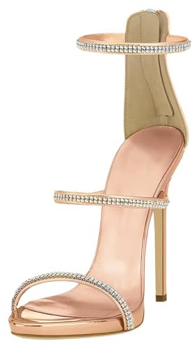 Gueploer Sandali delle Donne con Tacco, 12Cm Stiletto High Heel Open Toe Rhinestone Strap Party Shoes con Cerniera Posteriore per L'Estate,Rose Gold,38 EU