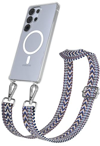 EAZY CASE Handykette - Verstellbares Taschenband kompatibel mit Galaxy S25 Ultra, Schulterriemen, Handykordel mit Silikon Hülle, Qi Charging kompatibel, Umhängetasche, Blau Weiß Silber