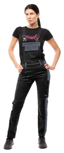 strongAnt Latzhose Damen Strong Cotton Stretch mit Kniepolstertaschen Latzhose für Handwerk und Bau – Schwarz-Grau, Gr. 46