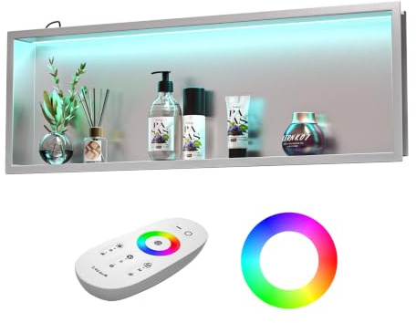 Bernkot Duschnische Edelstahl mit RGB LED, Wandnische für das Bad | 20 dynamische Beleuchtungsmodi, Wandnische Dusche mit Fernsteuerung und Farbwechselbeleuchtung, 90cm×30cm, gebürstet