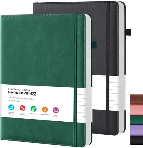 FOCUS DAY A4 Notebook Hardback, 2 Pack PU Leather Journal for Women/Men Writing, A4 (21.5 x 28 cm) Large Note Book with 100GSM Lined Paper, Pen Holder, Ribbon Bookmark