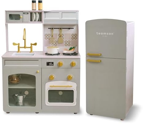 Teamson Kids Little Chef Normandy Wooden Play Kitchen, Soft Green Modular Set with Separate Fridge, Sink, Click Knobs, Storage & 14 Accessories for Pretend Play | Modular Set with Separate Fridge & Sink, Click Knobs, Storage Included, 14 Accessories for Pretend Play