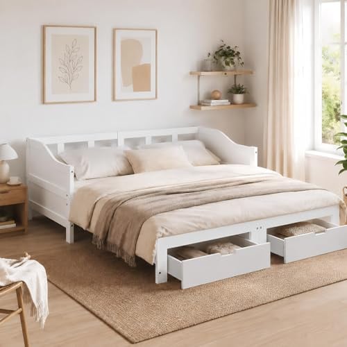 HFASD Tagesbett Ausziehbar 90/180x200 cm, Ausziehbares Schlafsofa mit 2 Schubladen, Ausziehbett Gleiche Höhe, Gästebett Ausziehbar für Schlafzimmer, Wohnzimmer, Massivholzrahmen, ohne Matratze (Weiß)