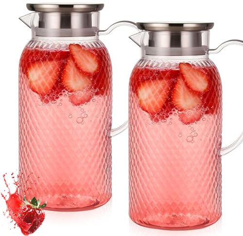 Confezione da 2 brocche in plastica da 1,8 L con coperchio, brocca per acqua, senza BPA, brocca trasparente per succhi, caraffa per acqua, brocca per tè freddo per frigorifero, per bevande calde e