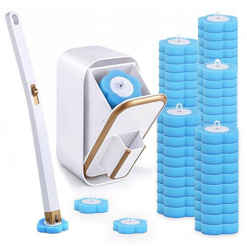 Toilet Wand Kit, Disposable Toilet Brush with 60 Refills | Toilet Brush Replacement Head with Handle Wall-mounted Holder Cleaner Set for Home Bathroom Kitchen (Blue)