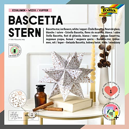 folia 406/1515 - Bastelset Bascetta Stern Winterornament weiß/kupfer, 32 Blatt, 15 x 15 cm, fertige Größe des Papiersterns ca. 20 cm, mit ausführlicher Anleitung - ideal zur zeitlosen Dekoration