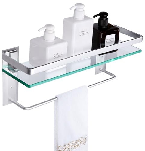 Vdomus Glas-Badezimmer-Regal mit Handtuchstange, rechteckig, Wandmontage, Badezimmer-Regal, extra Dickes gehärtetes Glas, 38.6x11.4 cm mit gebürstetem Silber-Finish Glasregal für Badezimmer
