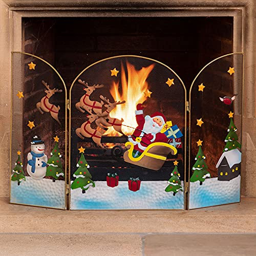 Christow Christmas Fireguard Fireplace Screen, Arched Metal Mesh Fire Screen H49cm (Santa & Sleigh)
