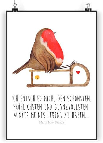 Mr. & Mrs. Panda Poster Rotkehlchen Schlitten DIN A5 - Geschenk, Wanddeko, Weihnachten, Heiligabend, Vogel, Kunstdruck, Nikolaus, Weihnachtsdeko,