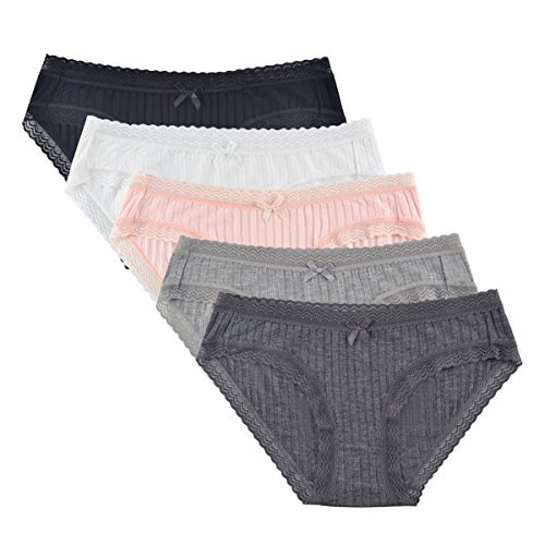 KNITLORD Lot de 5 culottes bikini douces en coton ou viscose de bambou avec bordure en dentelle pour femme, Lot de 5 dentelles de bambou, Large